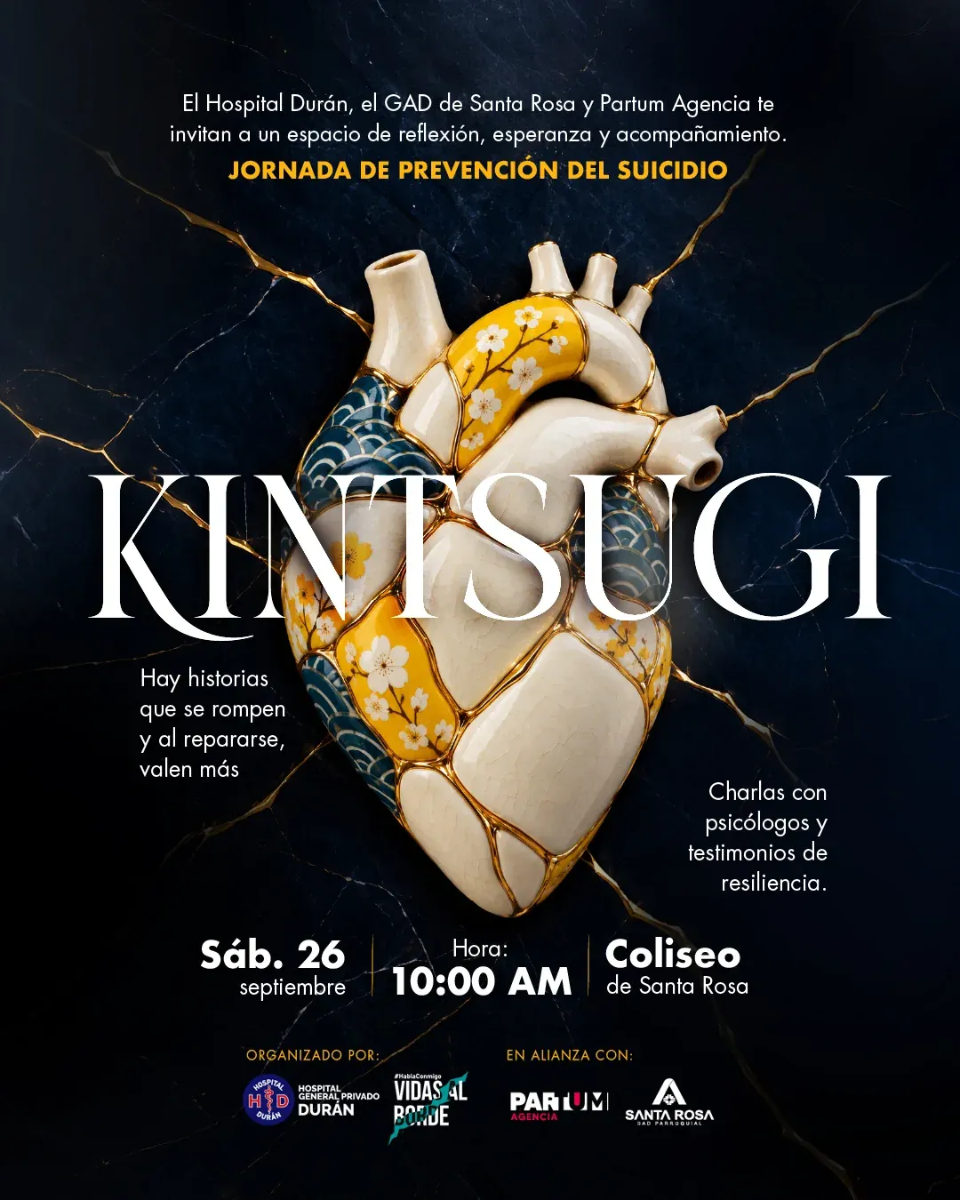 Afiche de Kintsugi, jornada de prevención del suicidio: un corazón de cerámica reparado con oro