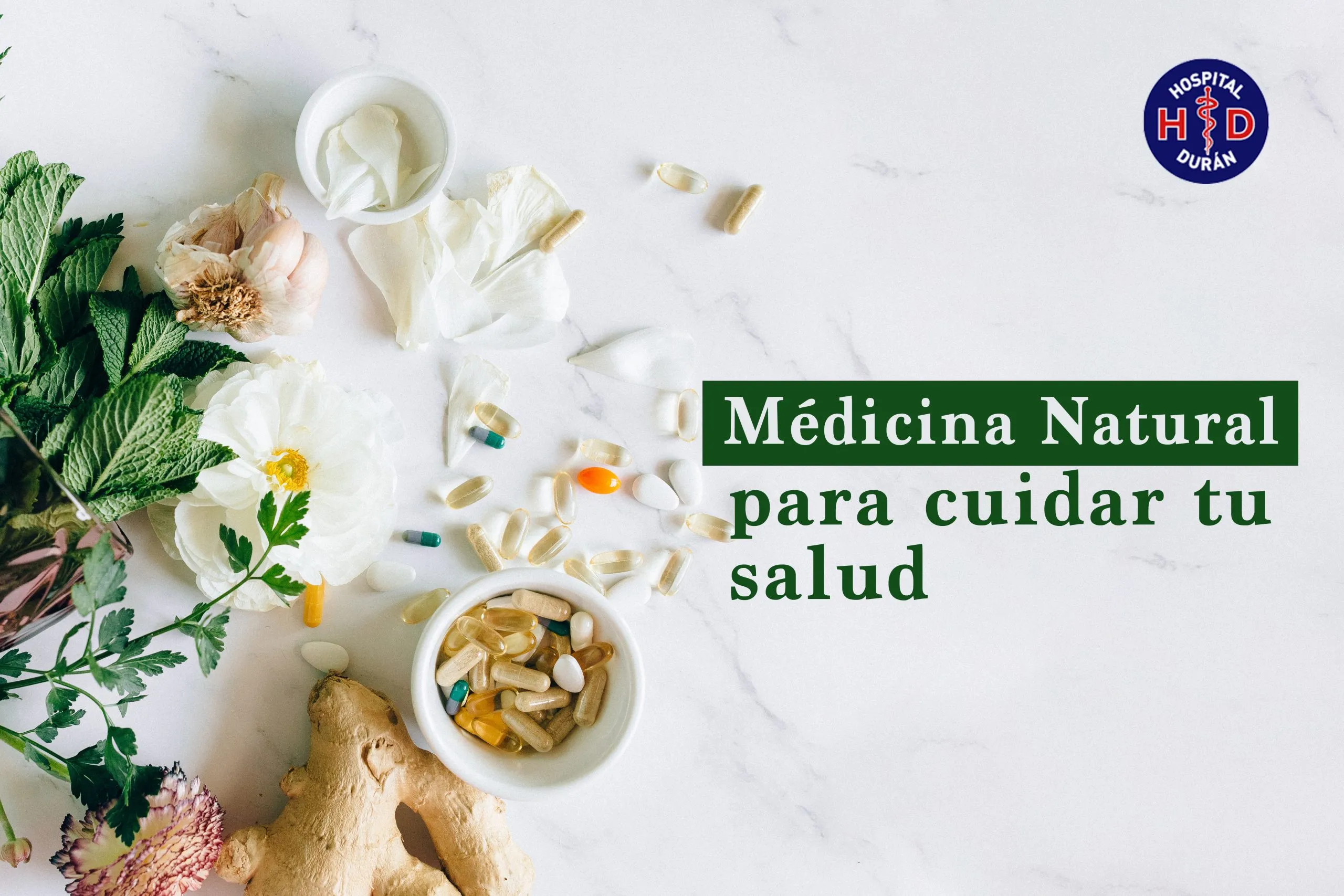 Plantas medicinales y suplementos naturales sobre una mesa